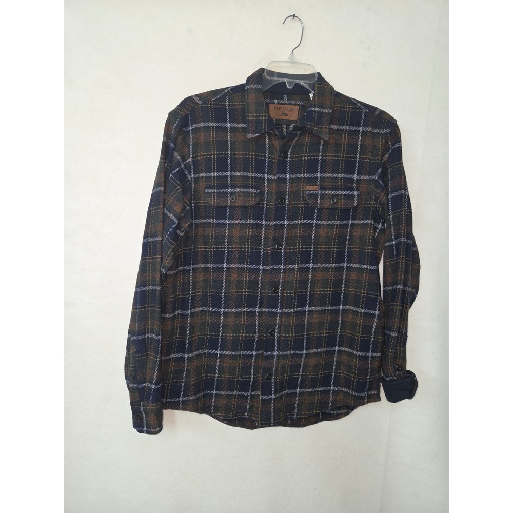 Orvis Flannel Shirt Mens Medium Navy Brown Plaid Long Sleeve Cotton Shacket